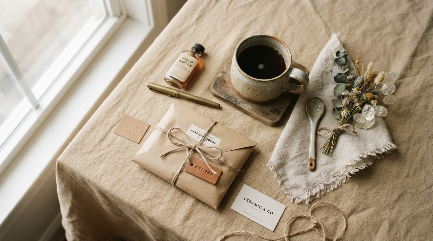 Flat lay of handmade ceramic, linen, and kraft goods on a warm sand background