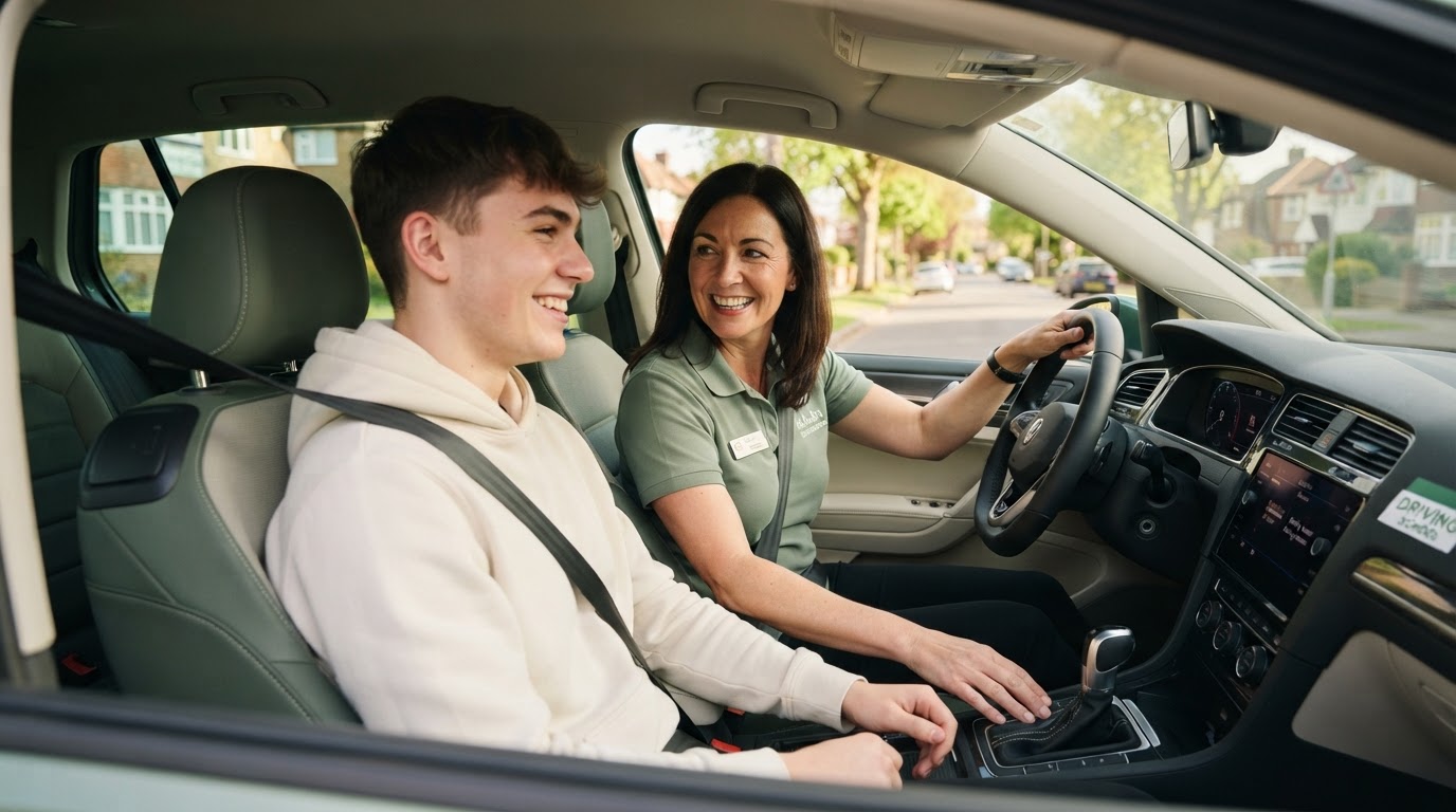 A driving instructor coaching a smiling student behind the wheel