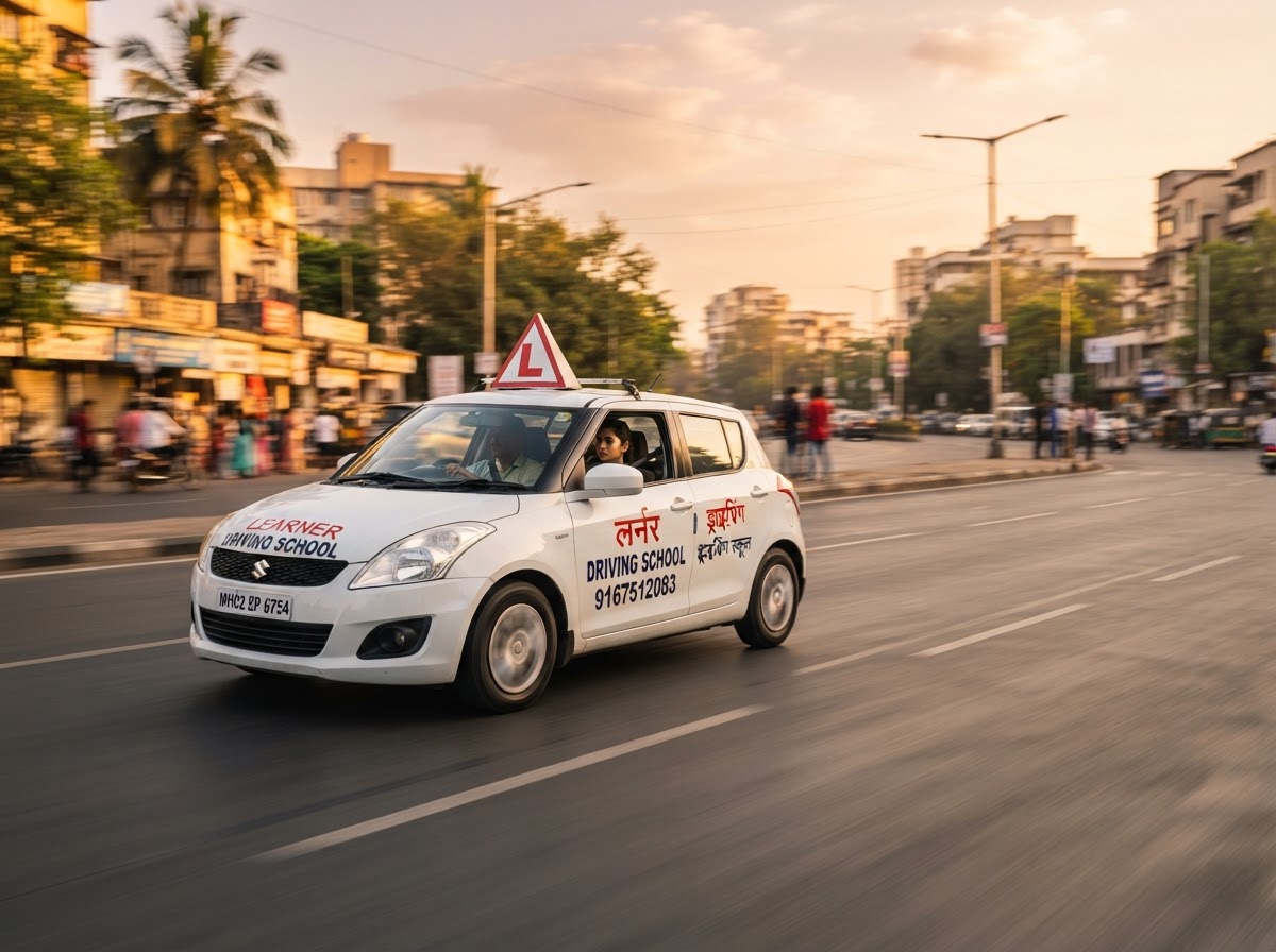 White learner driver training car on a city road at golden hour