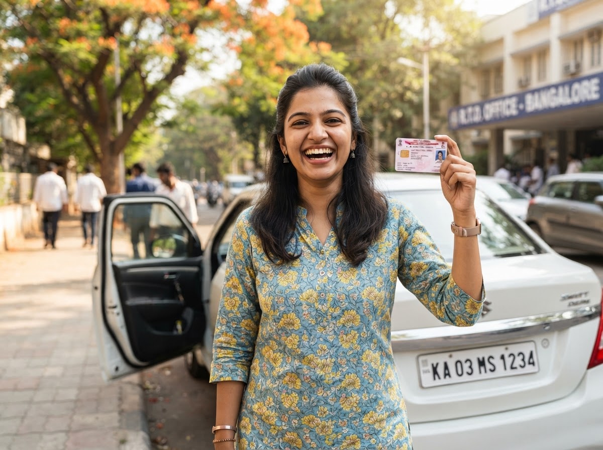 A young woman proudly holding her new driving licence