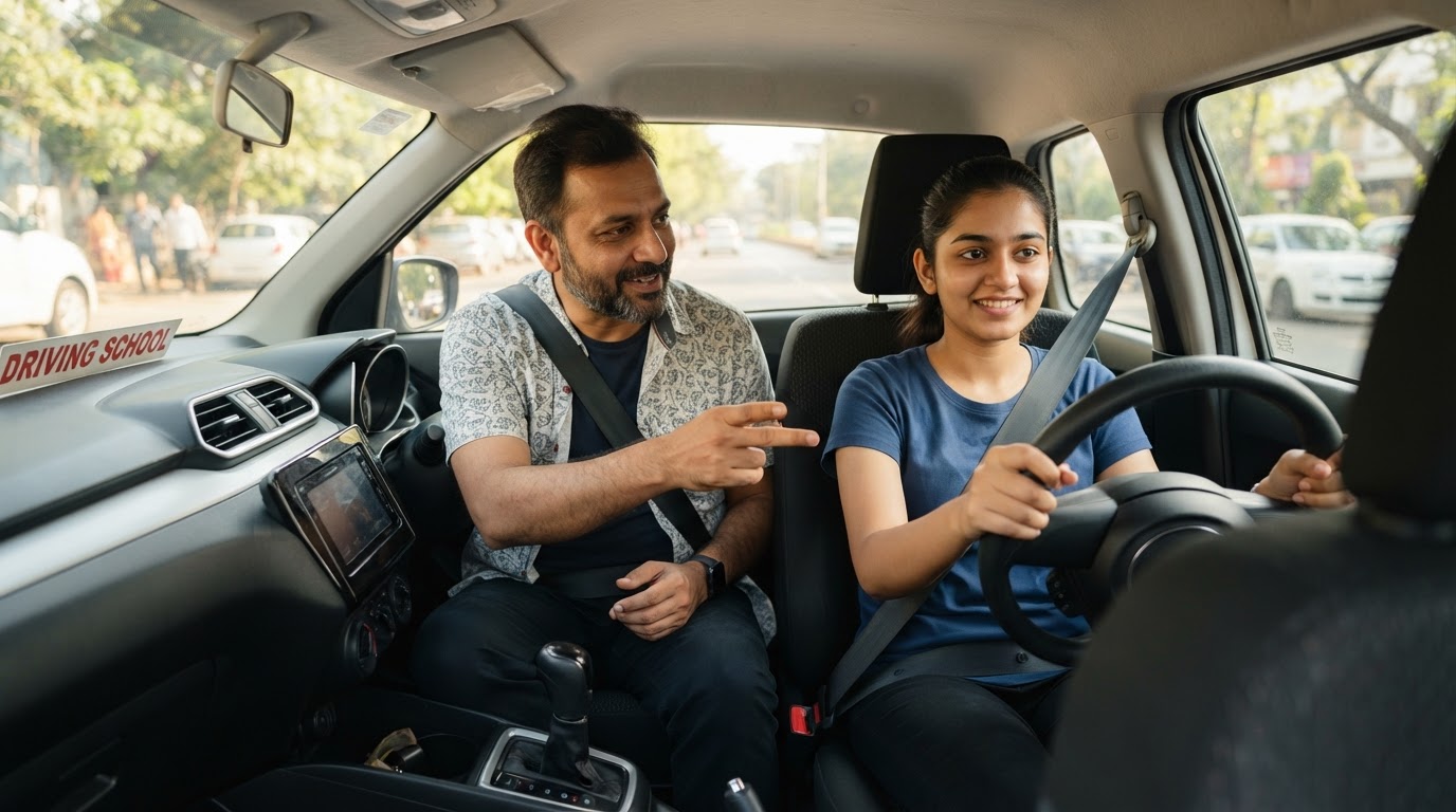 A driving instructor coaching a student at the wheel of a training car
