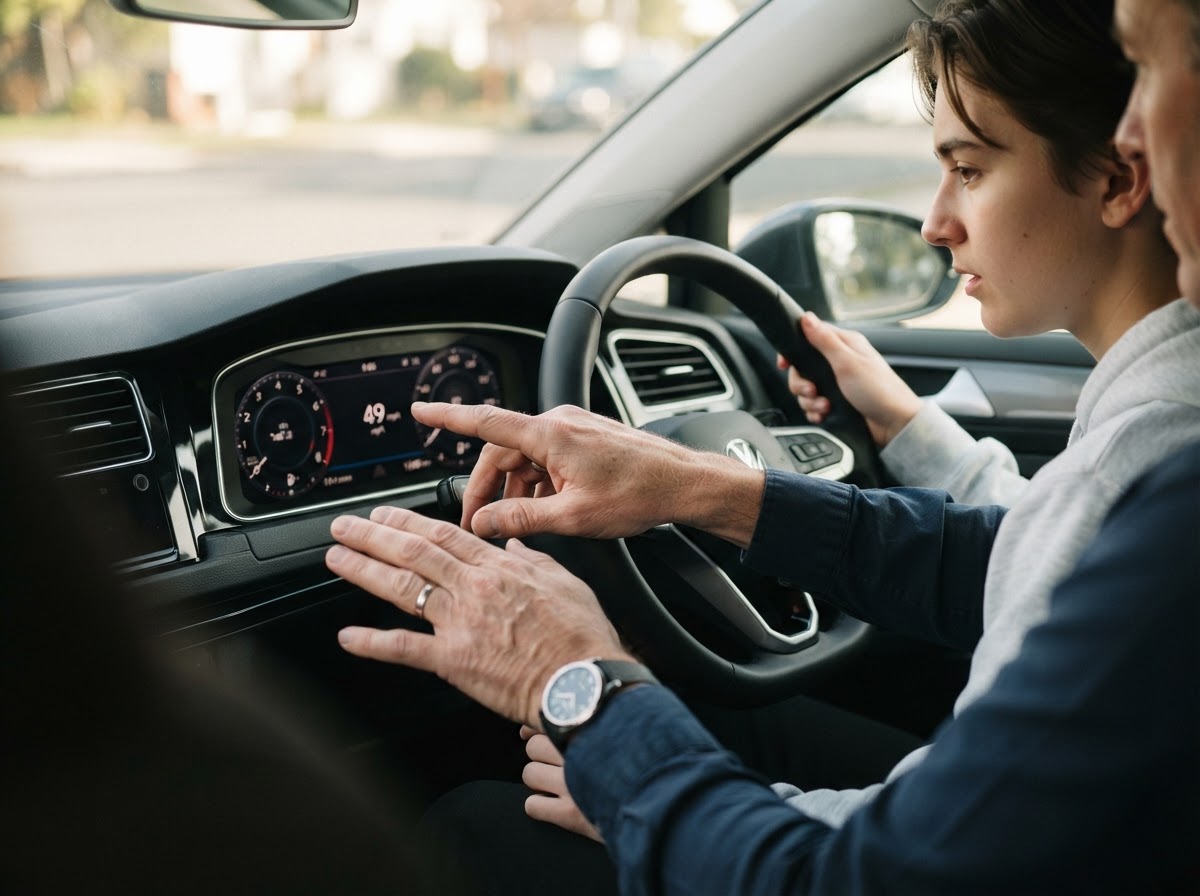 Driving instructor explaining the car dashboard to a learner
