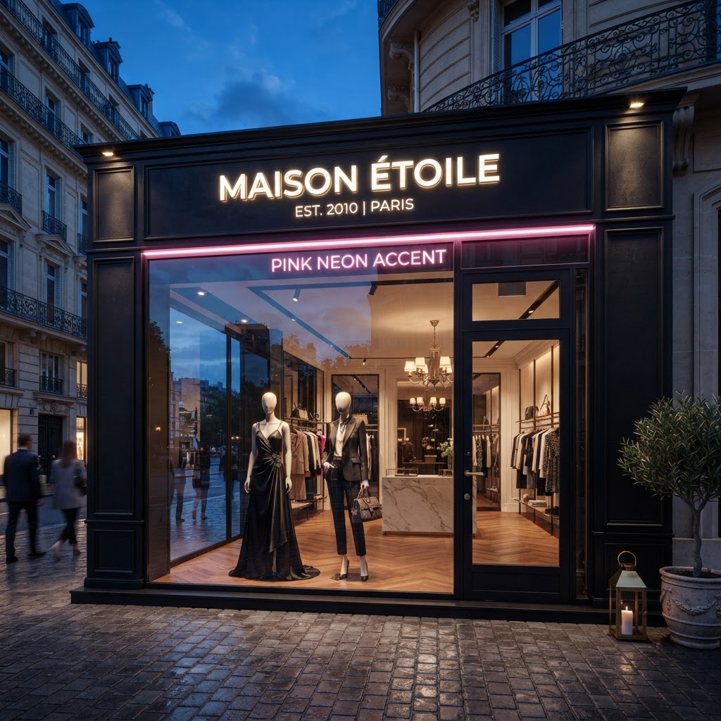 Elegant boutique storefront at dusk with pink neon accents