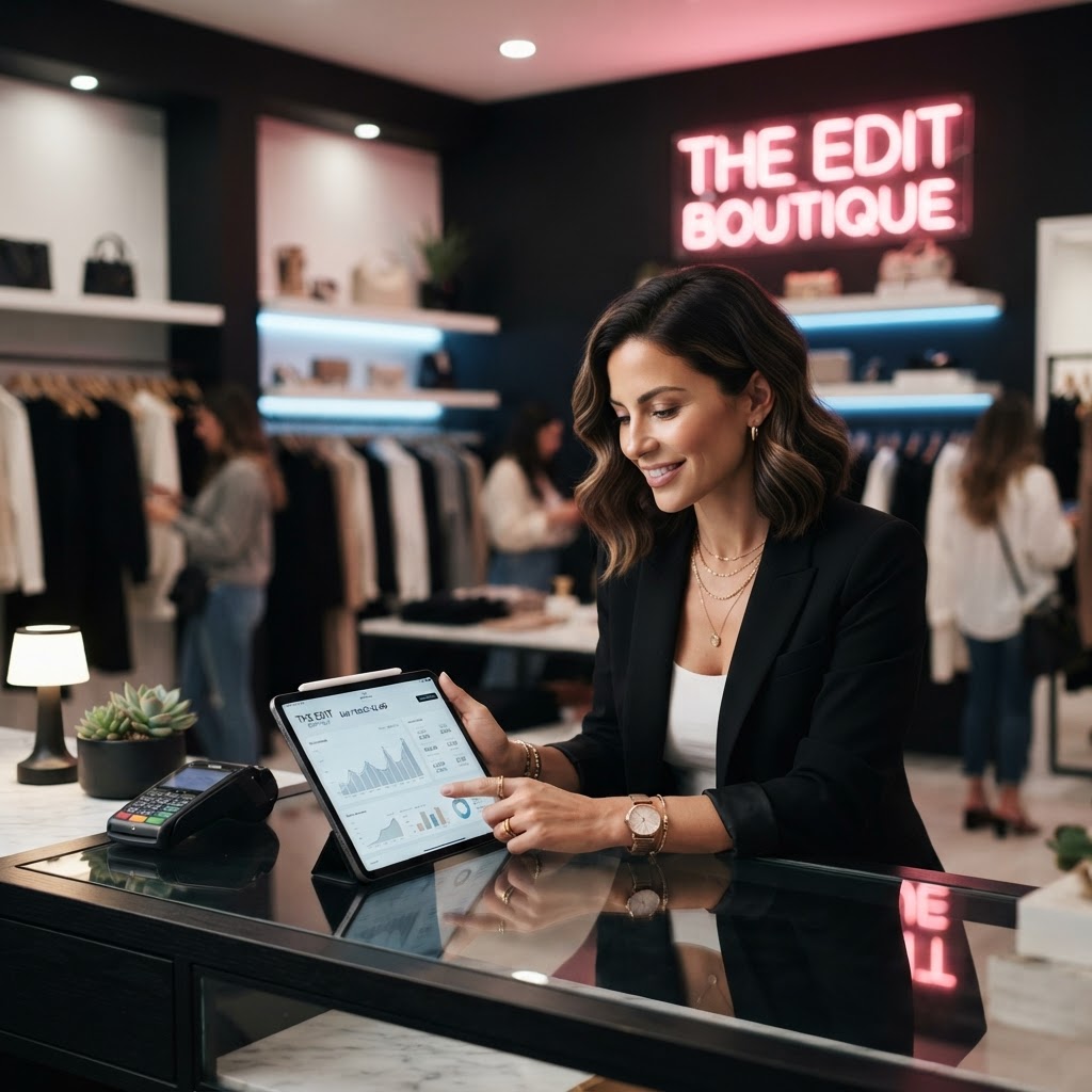 Owner reviewing boutique sales on a tablet