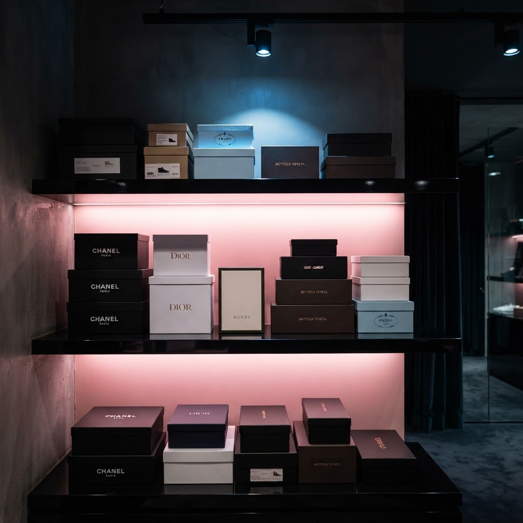 Boutique shelving with pink lighting