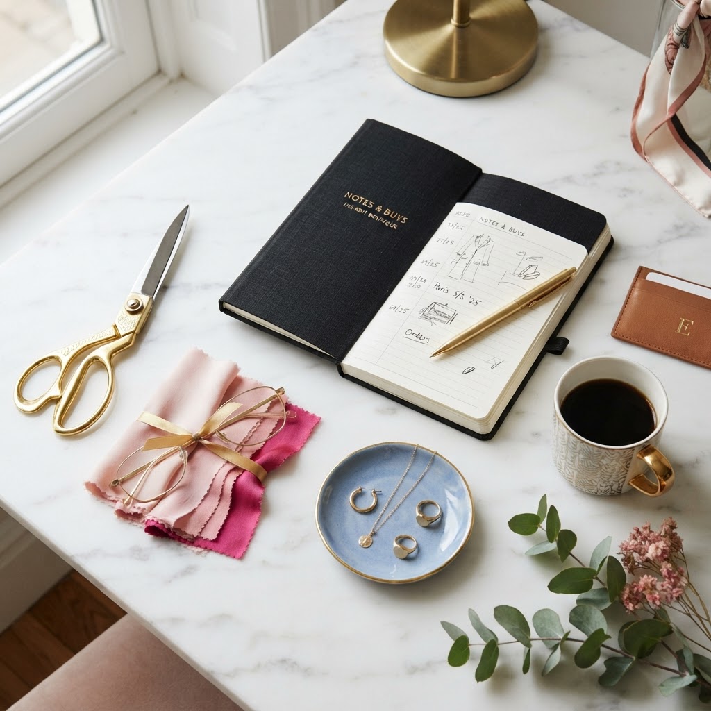 Boutique owner's styled desk flat lay